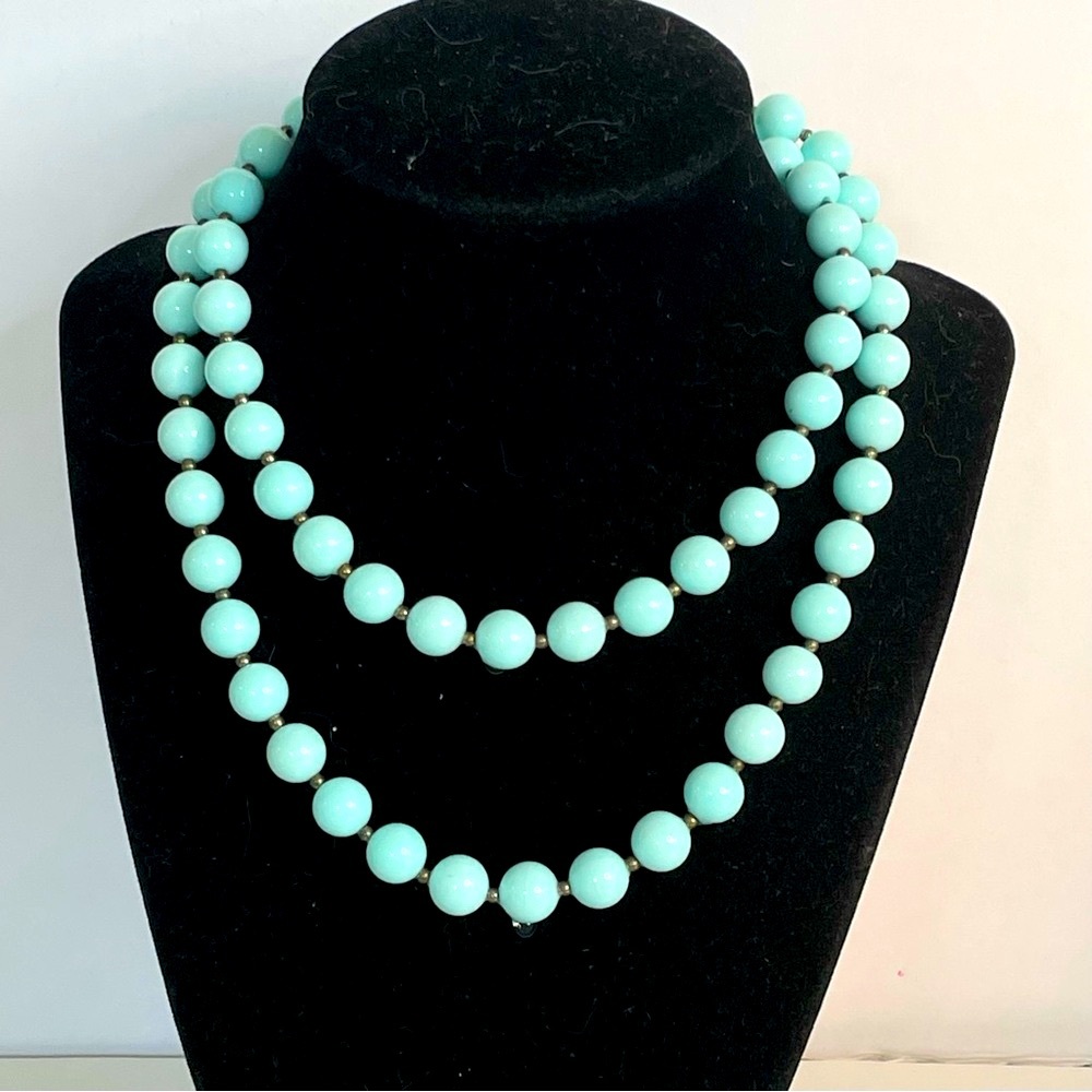 Vtg Aqua Blue Acrylic Pearl Bead Necklace Gold Spacers Pastel Long Round Smooth